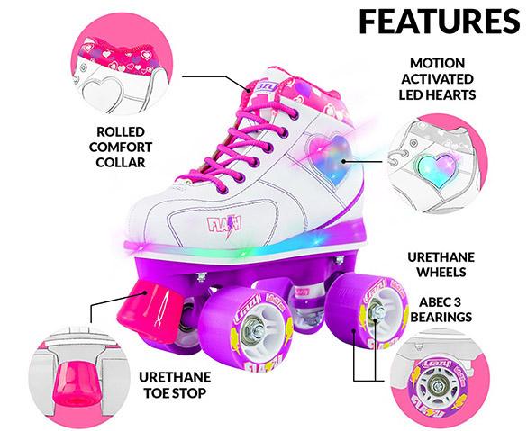 Features of the Flash skate include rolled collar for ankle comfort, motion activated LED hearts, urethane wheels, ABEC 3 bearings and a urethane toe stop in this illustration.