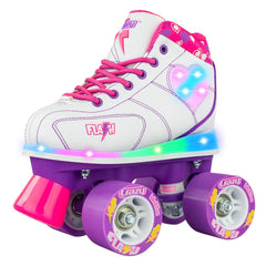 The Flash is a children's high-top sneaker style skate that features multiple LED lights, quality components, and has been designed for comfort. 