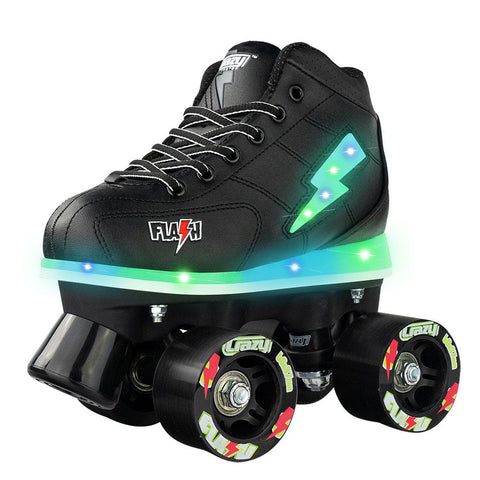 The Flash is a children's high-top sneaker style skate that features multiple LED lights, quality components, and has been designed for comfort. 